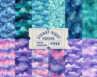 Papeles digitales con patrones sin costuras de noche estrellada, estrellas, nubes y constelaciones