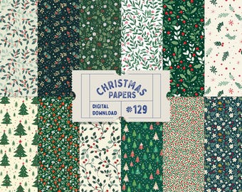 May include: A digital download of 12 Christmas paper patterns. The patterns feature various festive designs, including holly, berries, snowflakes, and Christmas trees. The patterns are in a variety of colours, including red, green, white, and blue.