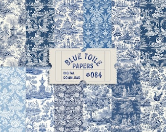 Toile de Jouy wzór Vintage Chinoiserie wzór francuski Toile kwiatowy wzór, kwiatowy cyfrowy niebieski kwiatowy śmieci dzienniki