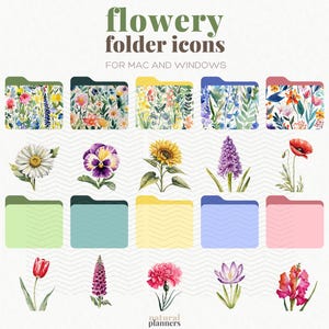 May include: A set of 12 floral folder icons for Mac and Windows. The icons feature watercolor illustrations of various flowers, including daisies, pansies, sunflowers, hyacinths, poppies, tulips, lupines, carnations, crocuses, and gladioli.