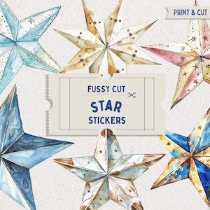 Étoiles de Noël aux coupes délicates, feuille de collage numérique découpée à la main, étoiles aquarelles, décorations étoiles pour scrapbooking, pack éphémères, kit de journal indésirable