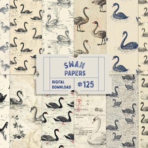 Op de afbeelding: Een digitale download van 12 afdrukbare papieren met zwanenpatronen. De papieren bevatten zwarte en witte zwanen op een crèmekleurige achtergrond. De papieren zijn perfect voor scrapbooking, kaartmaken en andere knutselprojecten.