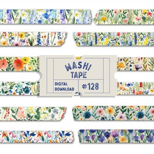 May include: Digital download of 10 floral patterned washi tapes. The tapes feature a variety of flowers in shades of blue, yellow, pink, and red on a white background. The text "Washi Tape #128" is visible on a beige label.