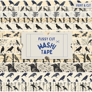 Raven fussy cut washitape, gotische vintage washitape met vogelprint en gesneden, afdrukbare washitapes vogel