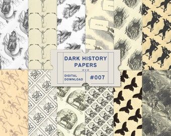 May include: A set of 12 digital papers with a dark history theme. The papers feature various illustrations, including skeletons, skulls, butterflies, and owls. The papers are in black and white and have a vintage aesthetic. The papers are 12 inches by 12 inches and are labeled "Dark History Papers #007".