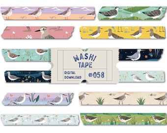 Sandpiper Washi Tape, Marsh Bird Digital Washi Tape, Trendy Planner Tapes, PNG Washi