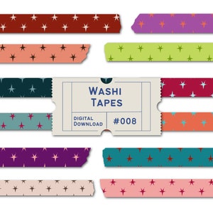 May include: A set of ten digital washi tapes with a star pattern in various colors, including red, pink, green, blue, and purple. The tapes are labeled "Washi Tapes #008" and "Digital Download".