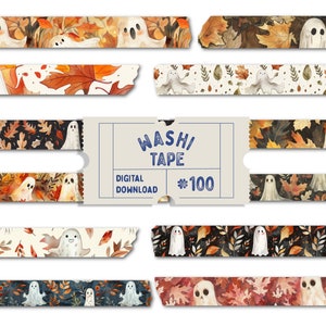 ハロウィンゴースト和紙テープ、秋のデジタル和紙テープ、ハロウィン柄和紙、水彩和紙、プランナーテープ、PNG和紙