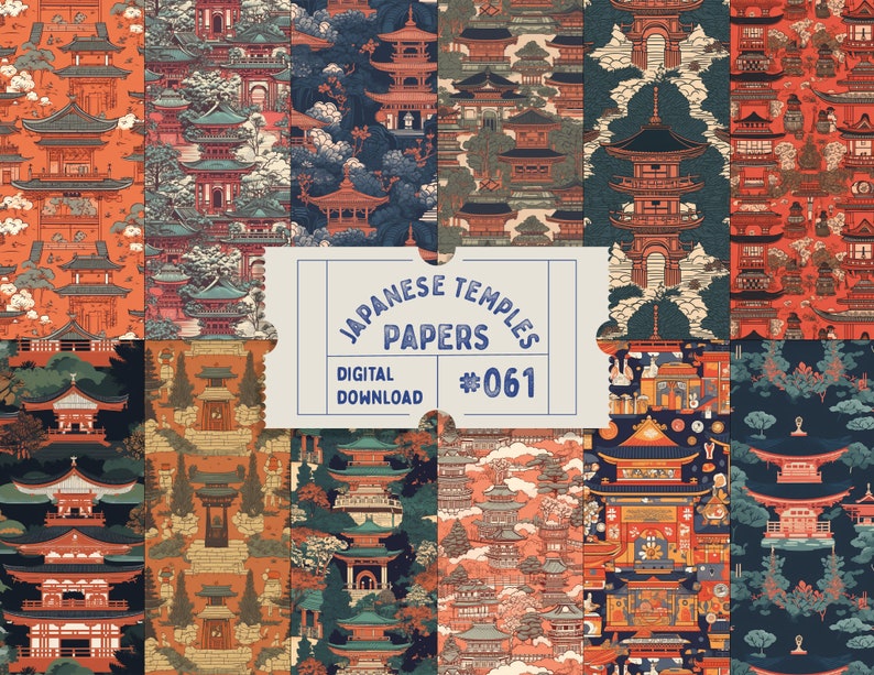 Japanese Temple Seamless Pattern Paper Digital, Illustrated Papers ...