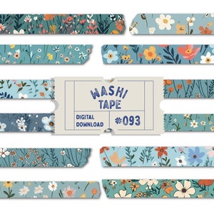 Lichtblauwe washitape met fijne bloemen, digitale washitape met bloemenprint, washi met bloemenpatroon, washi bloemen, plannertapes, goodnotes png