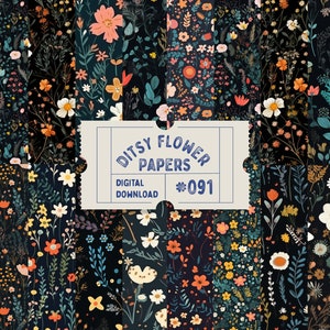 Donkere ditsy Flower Papers-patronen, ongewenste dagboekpagina's, naadloze patronen, bloemenpatroonillustraties, afdrukbaar plakboek, afdrukbaar plakboek