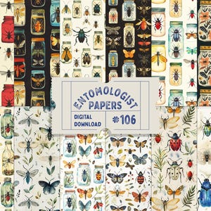 Peut inclure: Un ensemble de 10 papiers numériques avec des illustrations d'insectes et de bocaux peints à l'aquarelle. Les papiers sont intitulés "Entomologist Papers #106".
