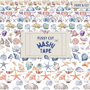 May include: Watercolor washi tape featuring various seashells and starfish in shades of blue, orange, and purple. The tape has a white background and includes the text "Fussy Cut Washi Tape" and "Print & Cut".