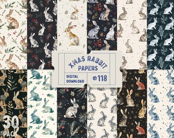 Christmas Rabbit Papers, Winter Hare Seamless Patterns, Country Rabbit Seamless Patterns