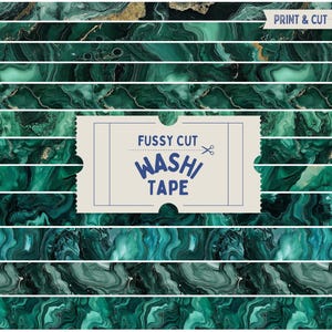 Cinta washi de corte irregular con estampado de mármol verde, cinta washi de corte y estampado de malaquita, cintas imprimibles para planificadores con efecto de tinta fluida gris.