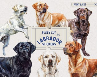 Könnte beinhalten: Sechs Labrador Retriever Hundesticker in verschiedenen Posen. Die Sticker sind auf weißem Papier mit einem blauen und weißen Rand gedruckt. Der Text "Fussy Cut Labrador Stickers" ist auf dem Rand gedruckt.