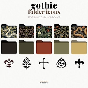 May include: Gothic folder icons for Mac and Windows. The image shows digital folder icons with dark, ornate designs featuring snakes, floral patterns, and solid colours. Decorative icons include a fleur-de-lis, a rose, a cross, and a stylized rose.
