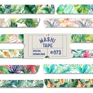 Washi-tape met tropische bladeren, digitale washitape, aquarelwashi, plannertapes, png-washi