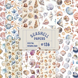 Op de afbeelding: Twaalf digitale naadloze patronen met aquarel illustraties van schelpen in verschillende kleuren en vormen. De patronen zijn op een witte achtergrond. De tekst "Seashell Papers #136 Digital Download" staat in het midden van de afbeelding.
