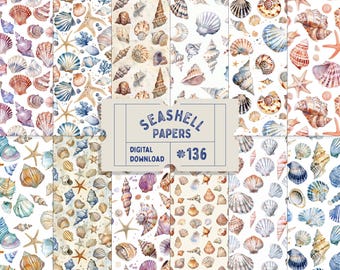 Seashell Papers, Seamless Shell Patterns, Watercolour Boho Beach Seamless Patterns, Scrapbook Paper, Beach Seaside Papers