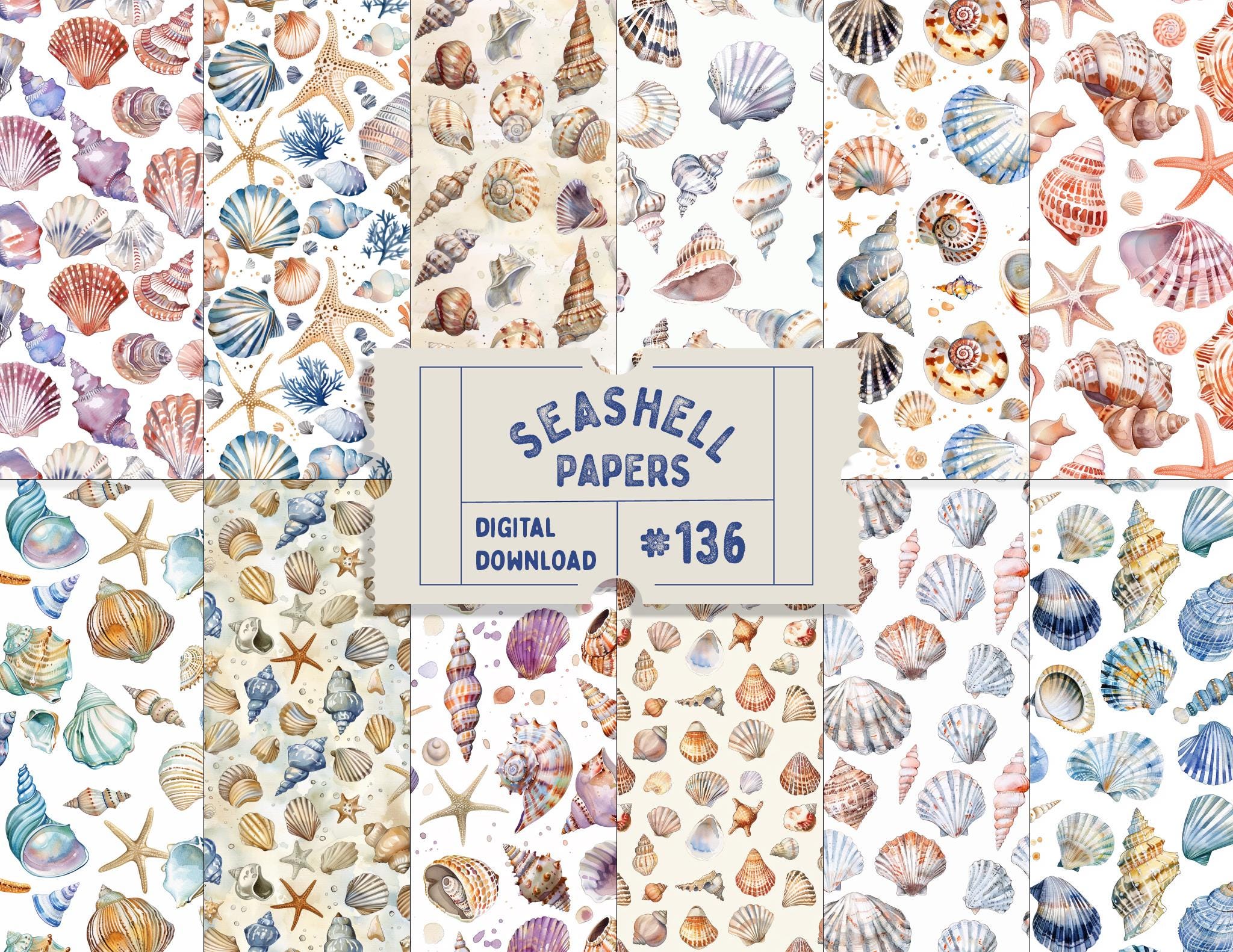 Shell Paper Patern Seashell Papers, Seamless Shell Patterns, Watercolour Boho Beach ...