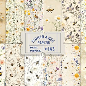 Naadloos bloemen- en bijenpapier digitaal, Flower Junk Journal Pages, Honey Bee, papier met lentethema