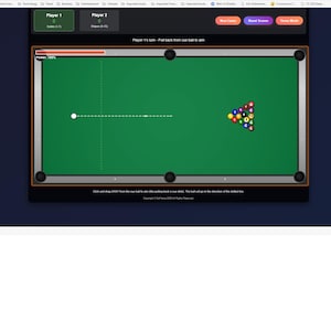 May include: A digital pool game interface with a green felt table, a white cue ball, and a rack of colored billiard balls. The game shows a power meter and a dotted line for aiming. The background is dark blue.