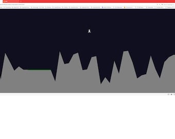 May include: A screenshot of a computer screen showing a game with a spaceship flying over a gray and green landscape. The game interface shows the fuel consumption, altitude, velocity, crash count, and landing count.