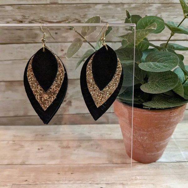 Black and Gold Formal Wear Prom Earrings Pageant Earrings Date Night Wear Bold Statement Earrings Stacked Faux Leather Dressy Earring Outfit