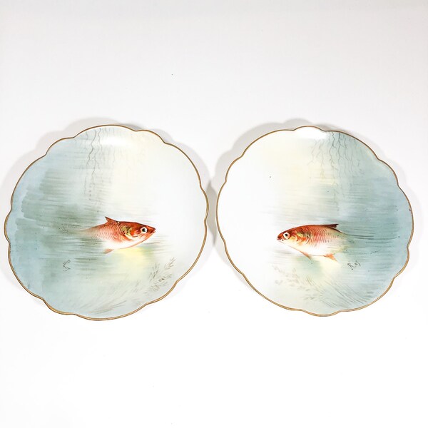 Limoges France fish plate set, hand painted fish plates, decorative collectible plates - set x 2