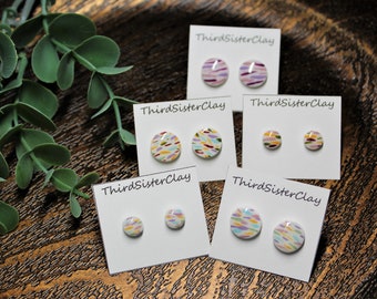 Colorful Hand-painted Small or Mini Round Clay Studs - 1 Pair- Polymer Clay and Stainless Steel Stud Earrings