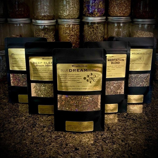 GIFT BOX - Contains all 5 herbal blends: Blue Dream, Deep Sleep, Ceremonial Meditation, Ayurvedic Wellness, & Pleasure (Eqivalent of 1 free)