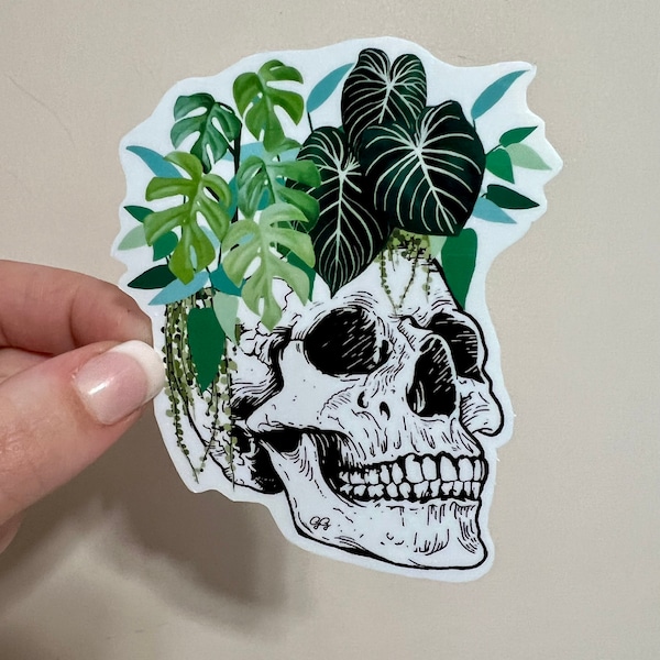 Waterproof Skull Houseplant Laptop Sticker || Magnet, Iron-On, Temporary Tattoo  || plant waterproof sticker design || houseplant decal