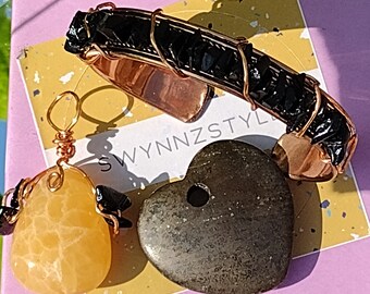 Yellow Calcite Amulet, Copper Wrapped with Black Tourmaline