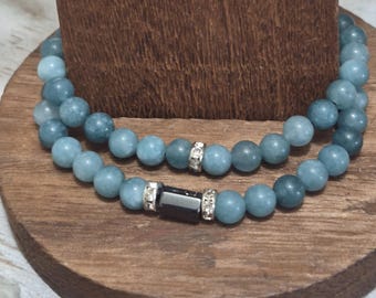 Aquamarine Beaded Bracelet with Hematite Accent (Small/Medium)