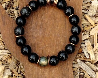 Obsidian, Labradorite & Tiger's Eye Beaded Bracelet with Copper