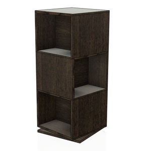 May include: A dark brown wooden shelf unit with three open shelves. The shelves are staggered and create a unique design.