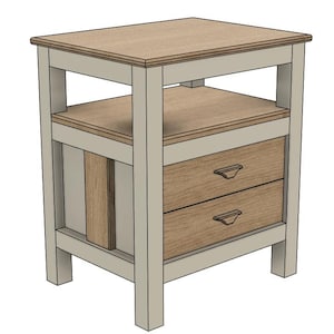 May include: A bedside table featuring a light gray frame with a natural wood grain top, an open storage shelf, and two drawers with matching wood grain fronts and dark metal handles. The structure is supported by four sturdy, straight legs.