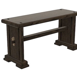 May include: A dark brown wooden bench with a simple design. The bench has a rectangular seat and a single stretcher connecting the two legs. The legs are square and have a slight taper.