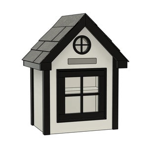 Peut inclure: Une maison en bois blanche avec un toit et des bordures noirs. La maison a une petite fenêtre avec un cadre noir et une fenêtre circulaire avec un cadre noir au-dessus. La maison est sur un fond blanc.