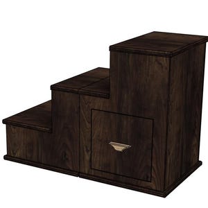 May include: A dark brown wooden pet step with three steps and a cabinet. The cabinet has a drawer with a light-colored handle. The steps are designed to help pets reach higher places.