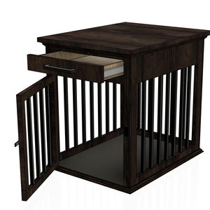 Op de afbeelding: Een donkerbruine houten bijzettafel met een uittrekbare lade en een hondenkennel. De kennel heeft een open deur en zwarte metalen tralies.