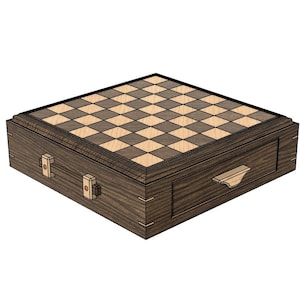 May include: A wooden chess set with a dark brown exterior and a checkerboard top. The chess board is made of alternating light and dark squares. The set has a drawer and two latches on the side.