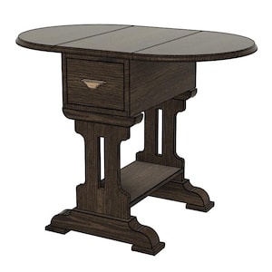 May include: A dark brown wooden oval table with a drawer and a shelf. The table has a drop leaf on each side and is supported by four legs.