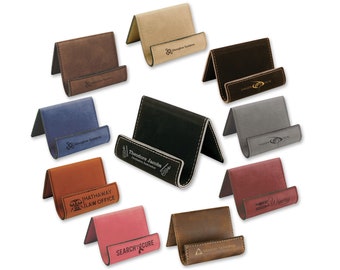 Personalized Leatherette Business Card Holder, Faux Leather Phone Stand, Laser Engraved Name, Custom Text or Logo