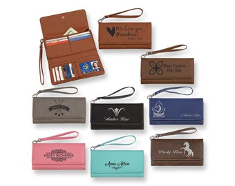 Personalized Women's Leatherette Wallet with Detachable Wrist Strap, Vegan Leather Wristlet, Laser Engraved Monogram Wallet, Gift for Her