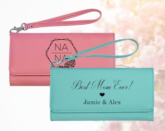 Personalized Women's Leatherette Wallet with Detachable Wrist Strap, Vegan Leather Wristlet, Laser Engraved Mothers Day Wallet, Gift for Mom