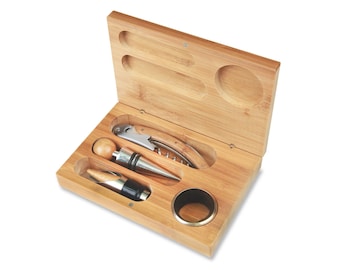 Classic Bamboo 4 pcs Wine Tool Gift Set. Tools: Corkscrew, Drip Collar, Decanting Pourer and Stopper