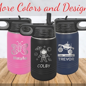 Kids Personalized 12 oz Stainless Steel Water Bottle with Flip Top Lid and Straw, Custom Laser Engraved Insulated Sippy Cup for Toddlers