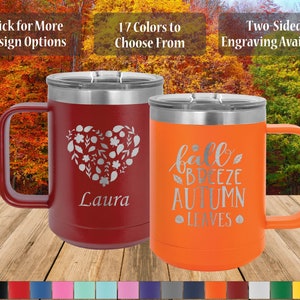 Personalized Laser Engraved Fall Themed 15oz Stainless Steel Mug, Custom Polar Camel Coffee Cup for Autumn with Slider Lid, Monogrammed Name